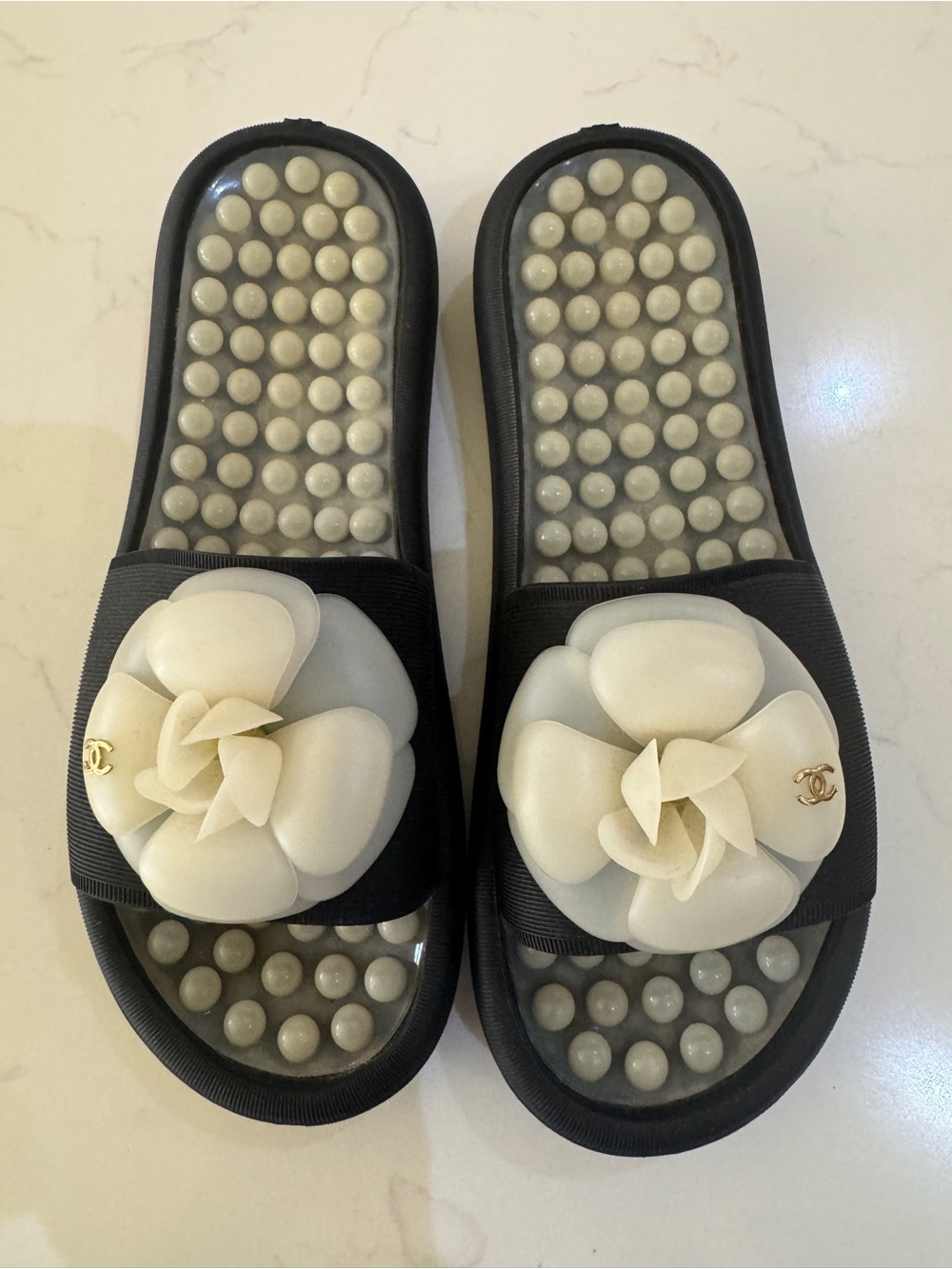 Chanel Black Rubber Camellia Slides Size EU 36